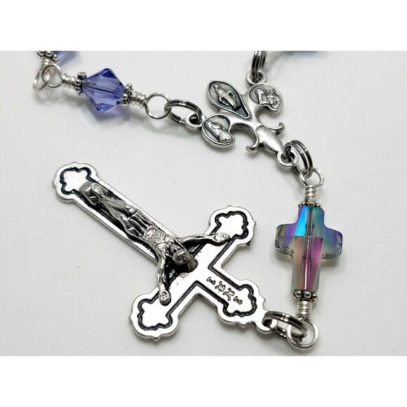 Handmade Purple Swarovski One Decade Rosary Fleur-de-Lis Center Unbreakable - Picture 2 of 10